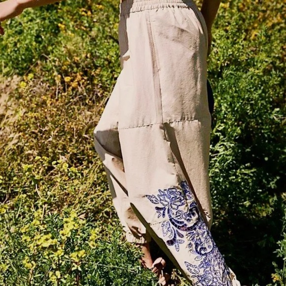 Free People Movement Baller Embroidery Pant Cotton Sheeting Tan Sand Blue - Picture 3 of 7